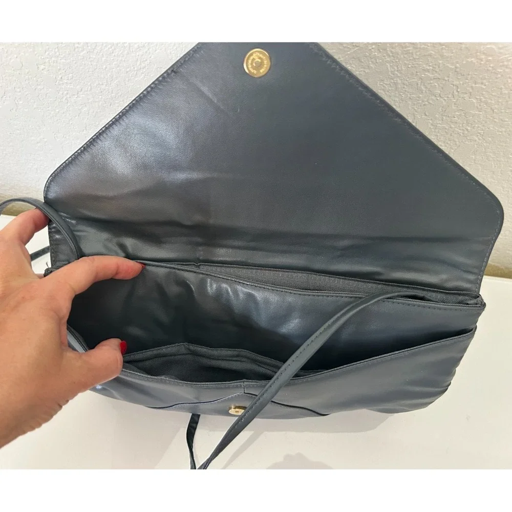 VTG 80s Envelope Crossbody Bag Gray Leather Ruched Mob Wife Quiet Luxury NOS